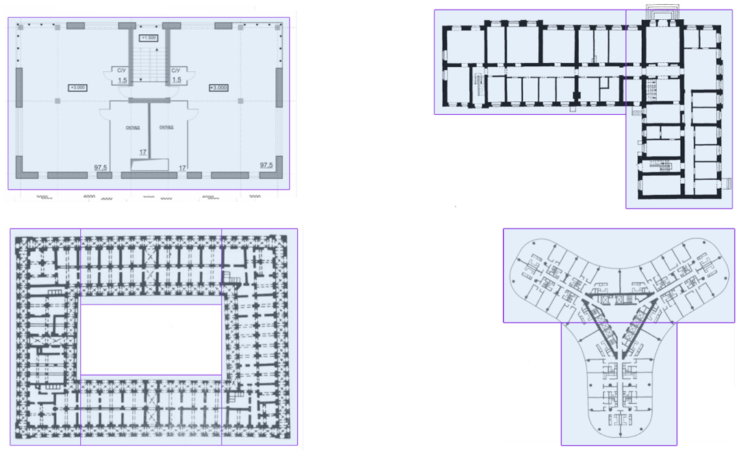 Примеры размещения областей расчета для различных форм зданий