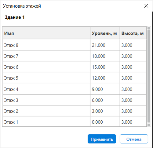 Окно «Установка этажей»