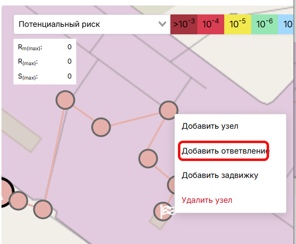 Окно выбора действий с узлом
